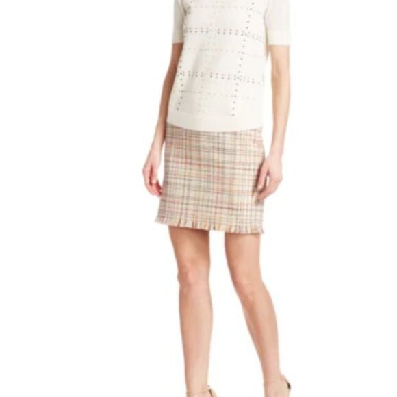 Share New AKRIS Cream Multi Cotton Blend Fringe Hem Tweed Mini Skirt 8, 12 - Picture 2 of 8